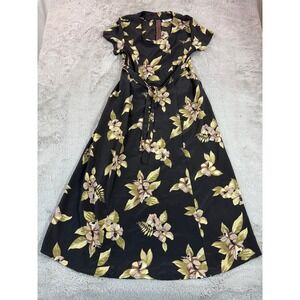Vtg MOA Collection USA Black Floral Dress Size XS/S Midi‎ Belted Summer Casual